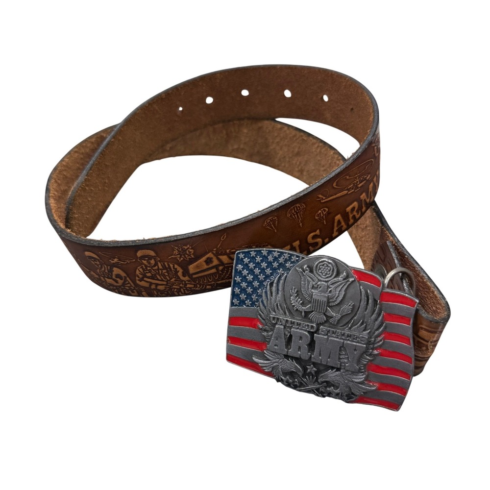 Siskiyou Belt Buckle Mens 38 Brown Good US Army Leather Embossed Patriotic USA
